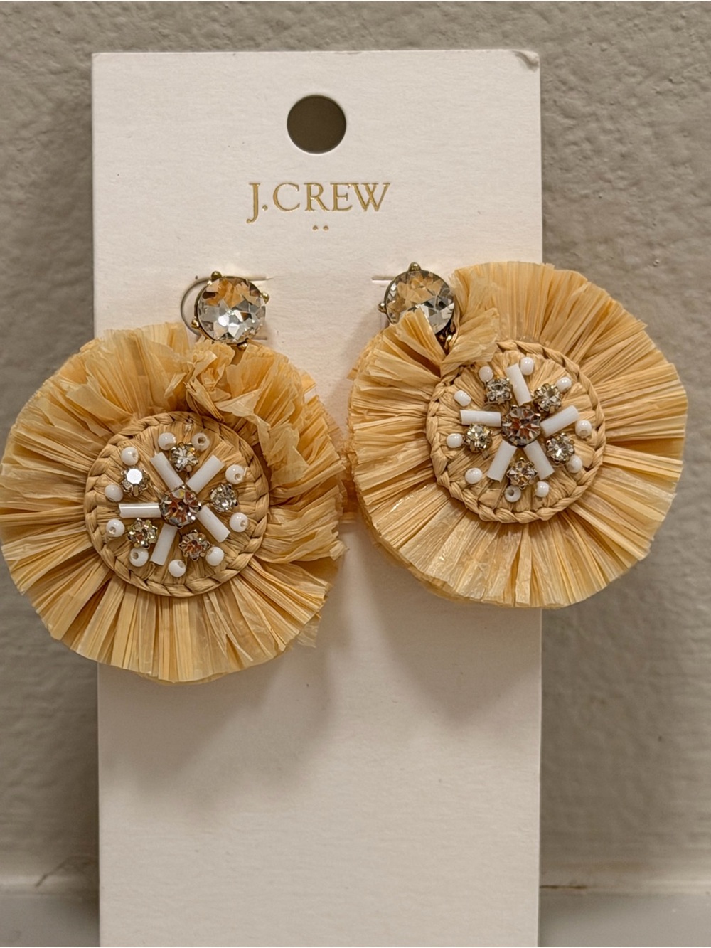 J. Crew Beige Raffia Floral Drop Earrings with Crystal Accents